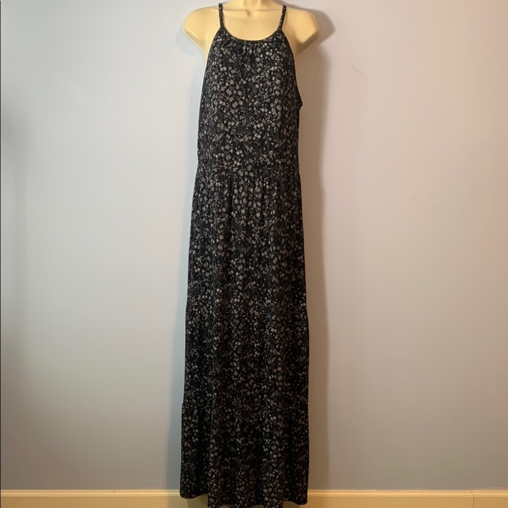 Old navy Black dark Floral Maxi Dress halter large tall ditzy floral tiered